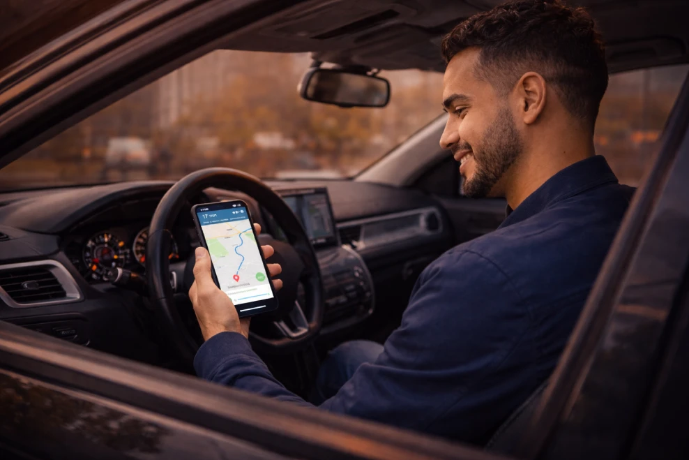 Motorista de aplicativo ao lado do veículo durante a rotina de trabalho